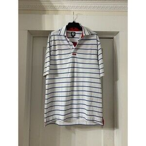 Footjoy Men’s Polo White Blue Stripes Red Accent Size Medium Preppy Golf USA